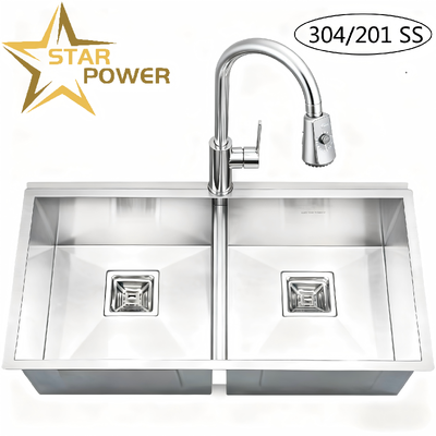 کیفیت  STAR POWER Brushed 304 Stainless Steel Handmade Kitchen Sink with Double-Bowl Design and Pull-Out Faucet کارخانه