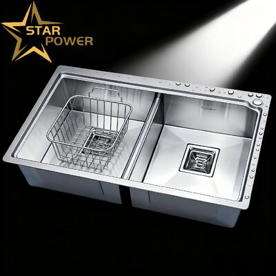 سینک دوقلو استیل ضد زنگ STAR POWER Premium 304 با شیر آب بیرون کشیدنی برای جریان کارآمد آشپزخانه