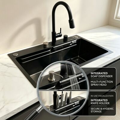 قیمت خوب سینک آشپزخانه توکار / زیرصفحه‌ای درجه غذایی فولاد ضد زنگ 304 لگن اصلی و کمکی سینک آشپزخانه PVD Gunmetal نصب توکار عمق 250 میلی‌متر لگن 900 میلی‌متر | عمق لگن سفارشی موجود است | ضخامت فولاد سفارشی موجود است آنلاین