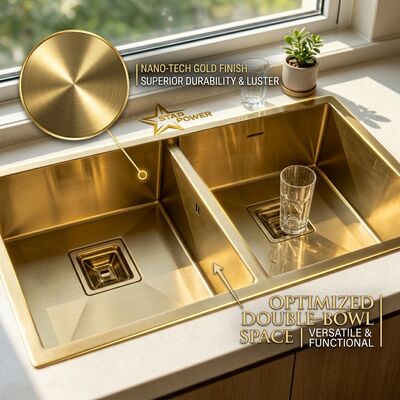 قیمت خوب Gold-Toned Food-Grade 304 Stainless Steel Main Auxiliary Bowl Kitchen Sink Flush-Mount 900mm 250mm Deep Basin آنلاین