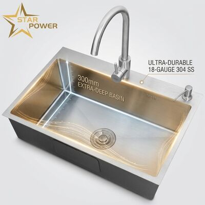 قیمت خوب 18-Gauge 304 SS Double Bowl Kitchen Sink با 300 میلی متر حوضچه عمیق و نصب بالا آنلاین