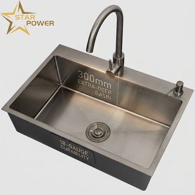 قیمت خوب 18-Gauge 304 SS سینک آشپزخانه با پایان PVD فلزی و 300mm Extra-Deep Main & Auxiliary Bowl آنلاین