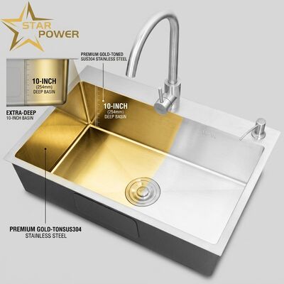 قیمت خوب Flush Mount / Inset Kitchen Sink SUS304 Stainless Steel Main & Auxiliary Bowl Kitchen Sink Gold-Toned Flush-Mount 700mm 10-Inch Extra-Deep Basin | Custom Basin Depth Available | Custom Steel Gauge Available آنلاین