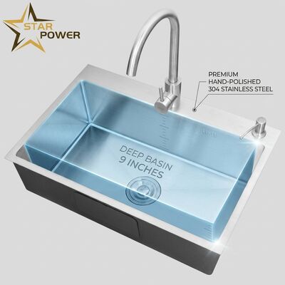 قیمت خوب سینک آشپزخانه ای بالا نصب شده / قطره ای در آشپزخانه 304 فولاد ضد زنگ برابر دو قاشق آشپزخانه ای سینک آشپزخانه ای دست آراسته قطره ای در آشپزخانه 600 میلی متر 9 اینچ حوضچه عمق حوضچه سفارشی در دسترس اندازه فولاد سفارشی در دسترس آنلاین