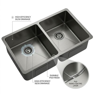 قیمت خوب سینک آشپزخانه زیرکابینتی فولاد ضد زنگ 304 با روکش PVD Gunmetal، دو لگنه 50/50، با پدهای لاستیکی ضد صدا پوشش داده شده آنلاین